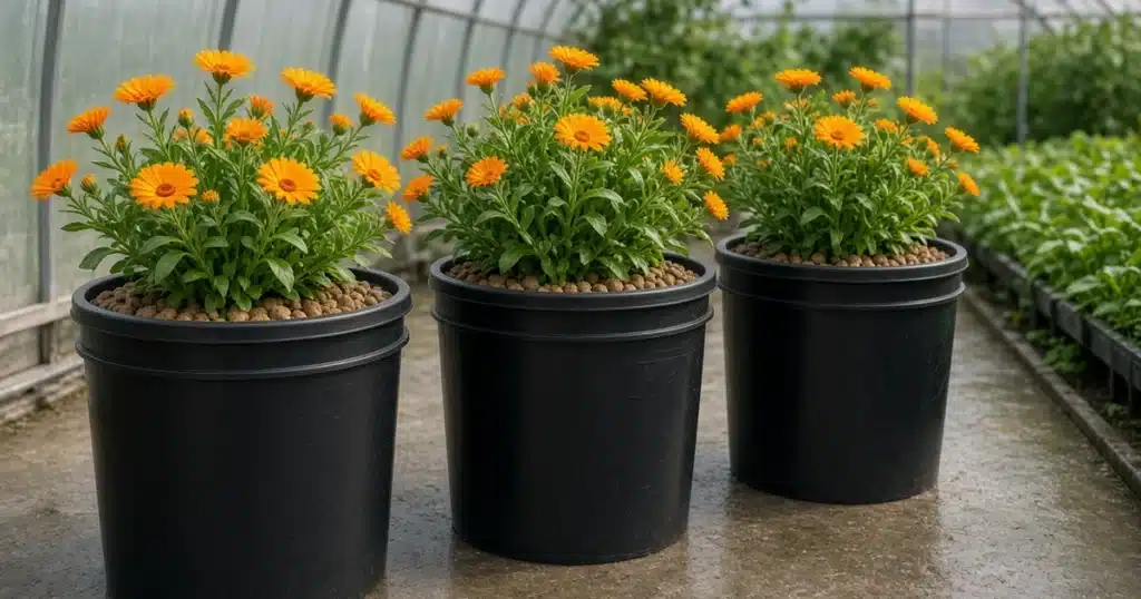 Orange calendula flowers on plants in hydroponic buckets