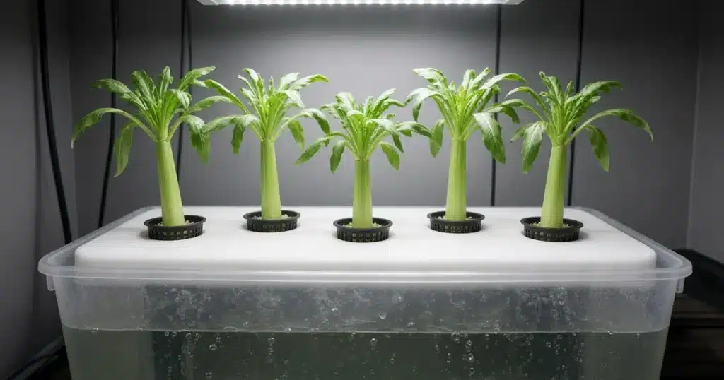 Celtuce plants with thick stems in a deep water raft