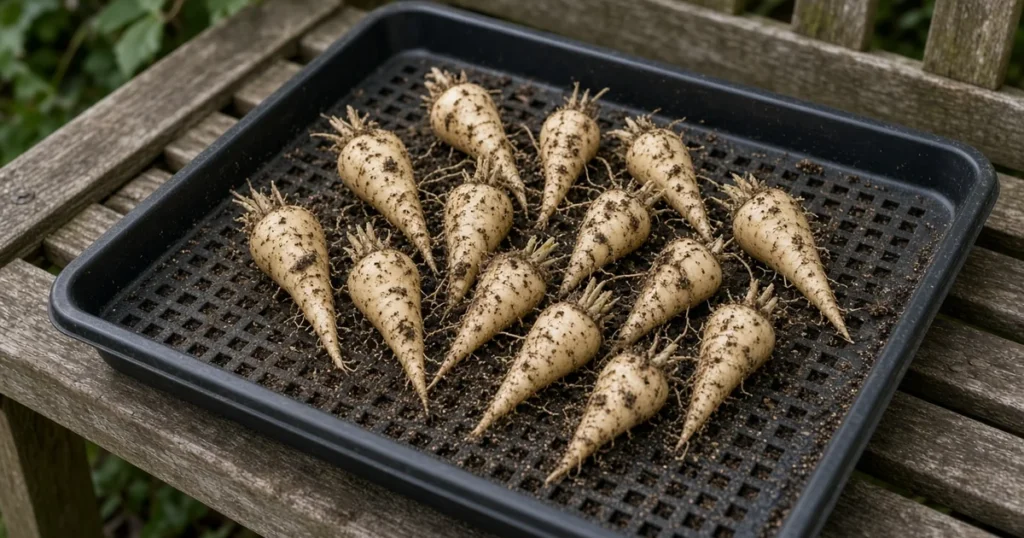 Small pale roots on a nursery tray