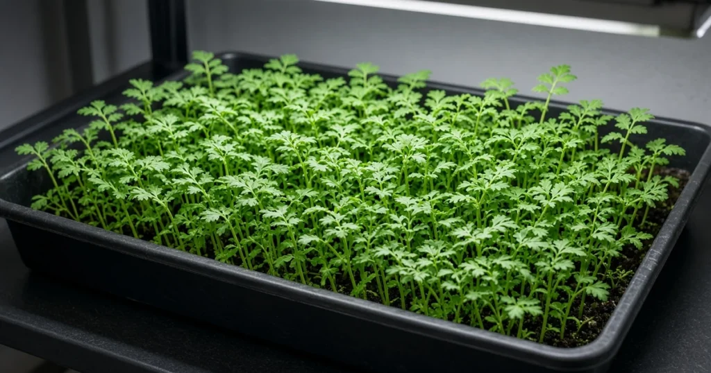 Young feathery green shoots growing densely in a tray