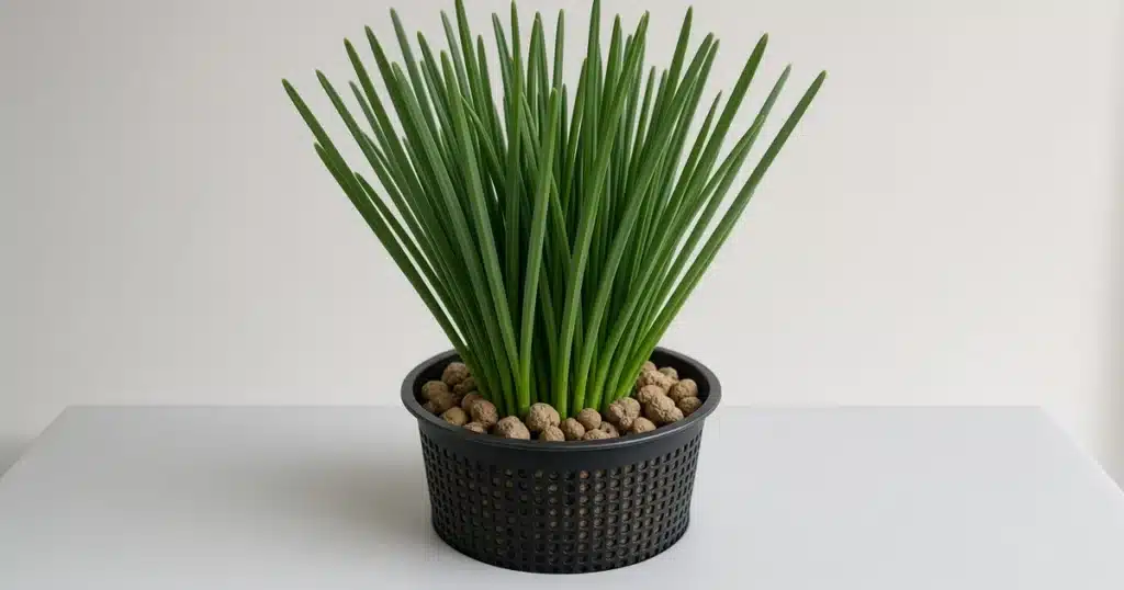 Clump of garlic chive leaves in a net cup