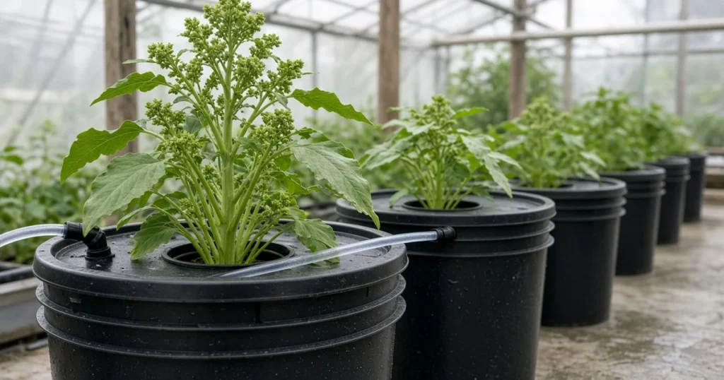 Tall leafy plant with green flower tops in a bucket system