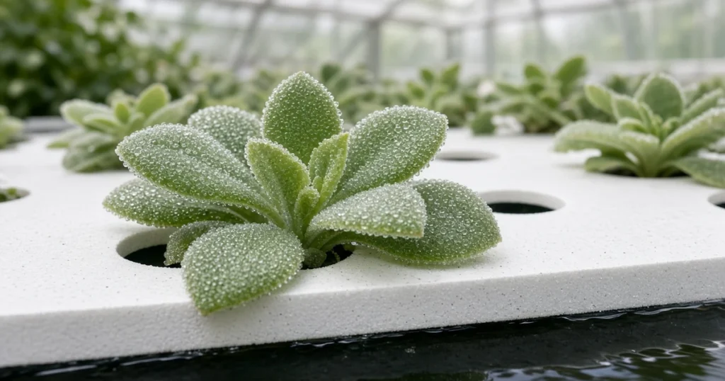 Sparkling ice plant leaves growing in a hydroponic raft