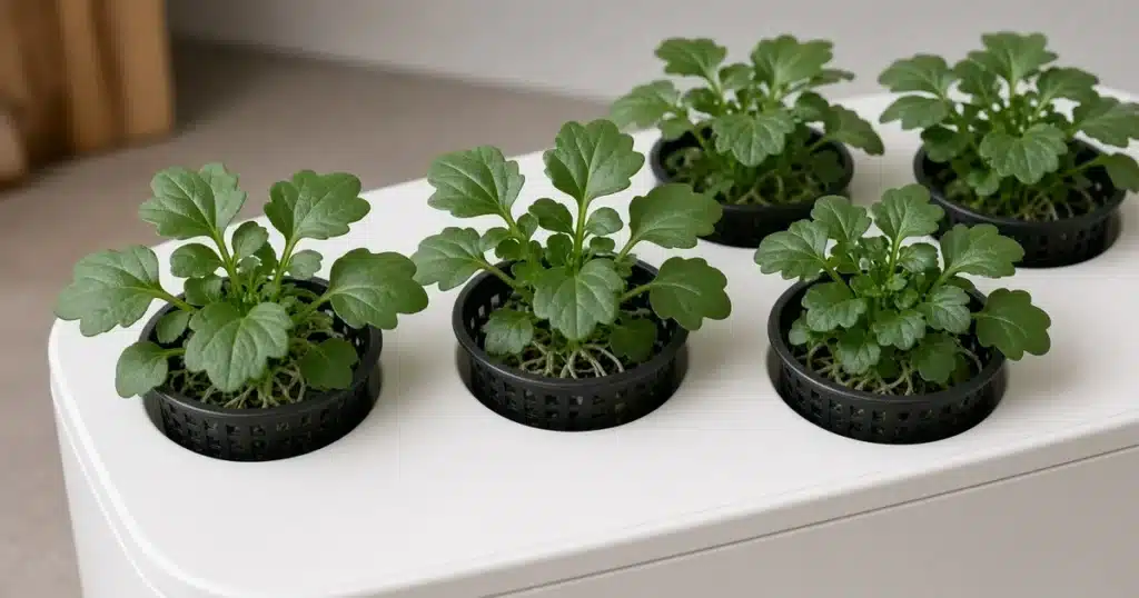 Land cress leaves in a small hydroponic system