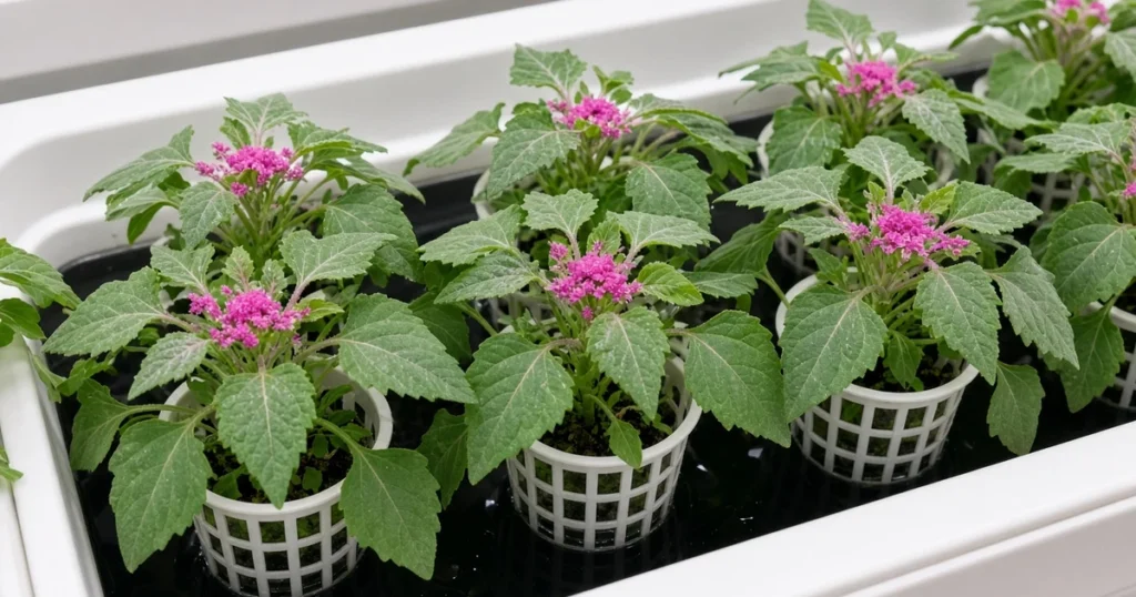 Leafy plants with pink flower clusters in hydroponic net cups