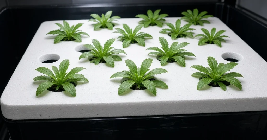 Rosettes of narrow toothed leaves in a hydroponic raft
