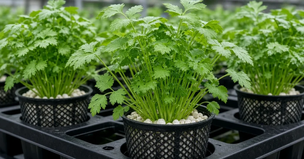 Leafy herb plants growing in net pots
