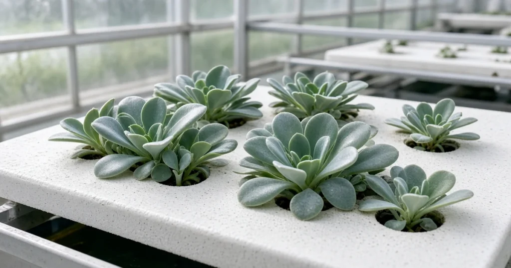 Fleshy blue green rosettes in a hydroponic raft