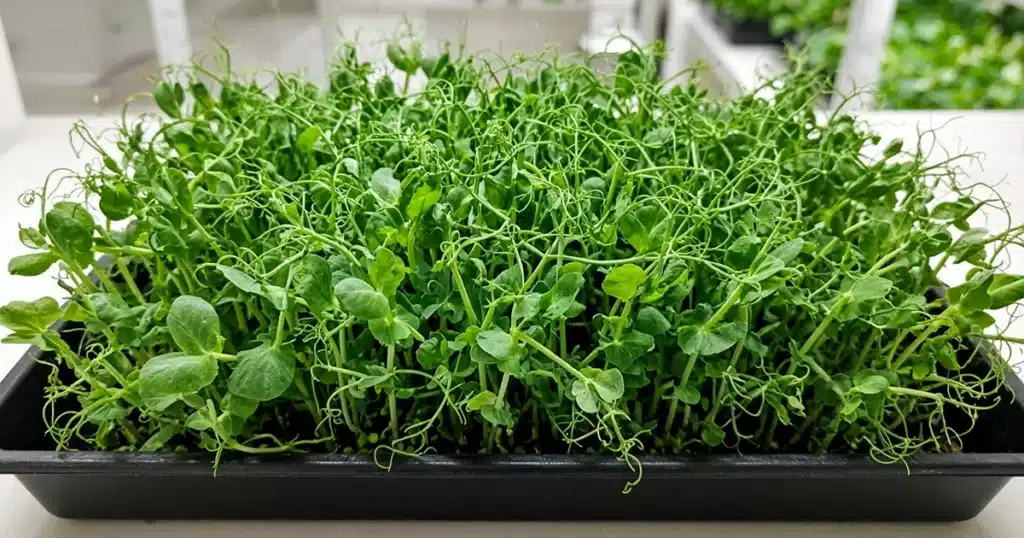 Pea shoots growing densely in a tray