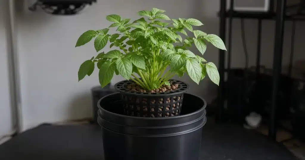 Potato plant growing in a deep hydroponic bucket