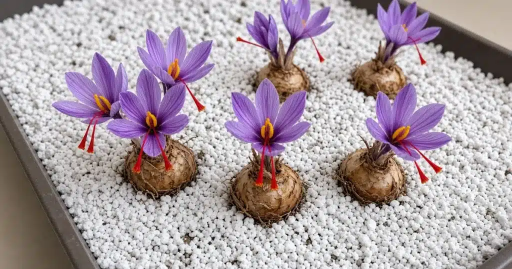 Purple saffron crocus flowers in a soilless tray