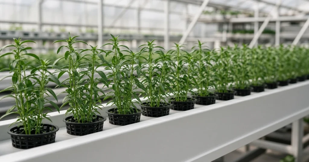 Upright herb plants in net cups