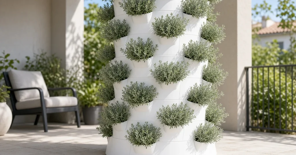 Bushy herb plants growing in a hydroponic tower