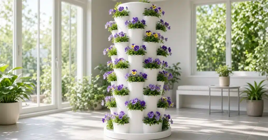 Small purple and yellow violas growing in a hydroponic tower