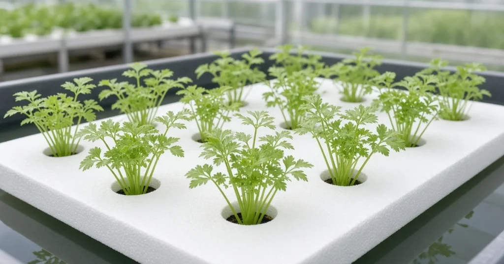 Water celery stems growing in a raft system