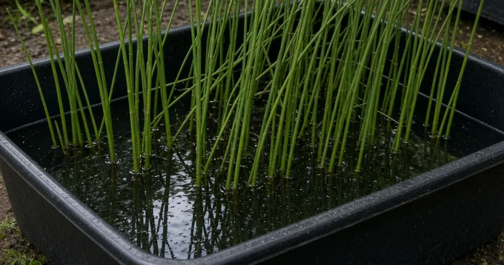 Grass like water chestnut stems in a flooded tub