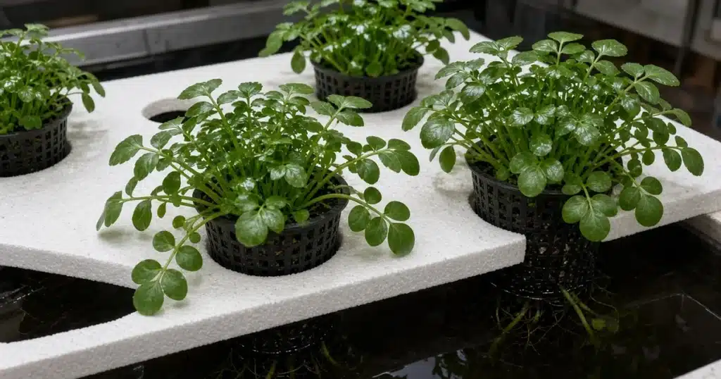 Watercress growing in net pots on a floating board in a tank