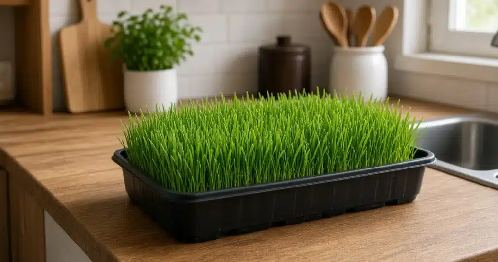 Dense green wheatgrass growing in a shallow tray