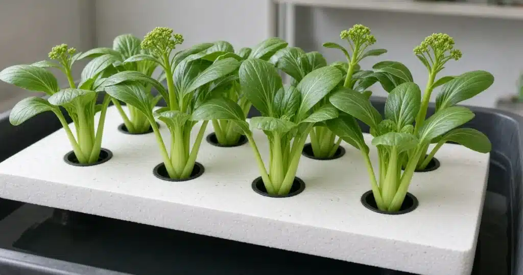 Yu choy plants with green shoots in a hydroponic raft