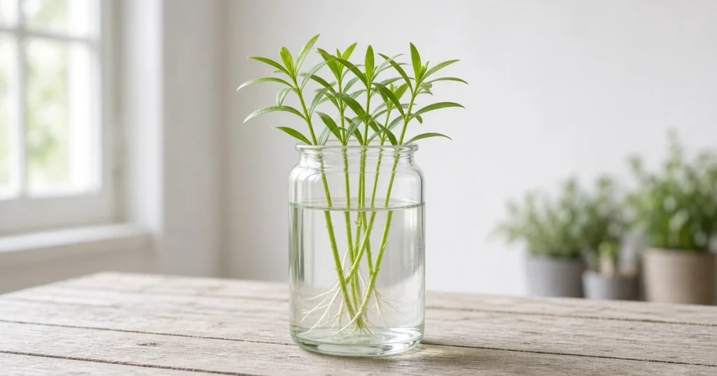 Hygrophila stems growing upright in a jar of water