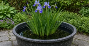 Blue flag iris blooming in a pond tub