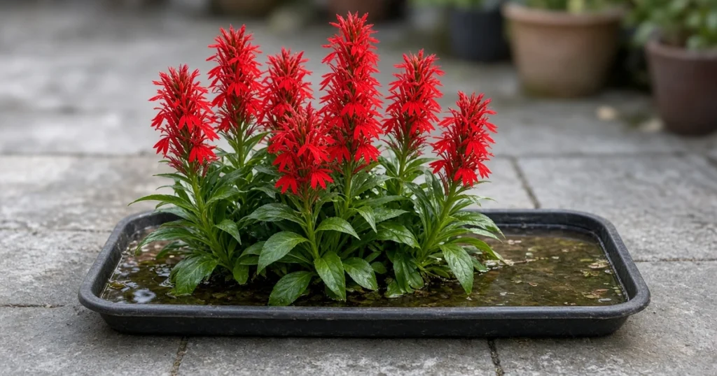 Cardinal flower with red blooms growing in a shallow water tray