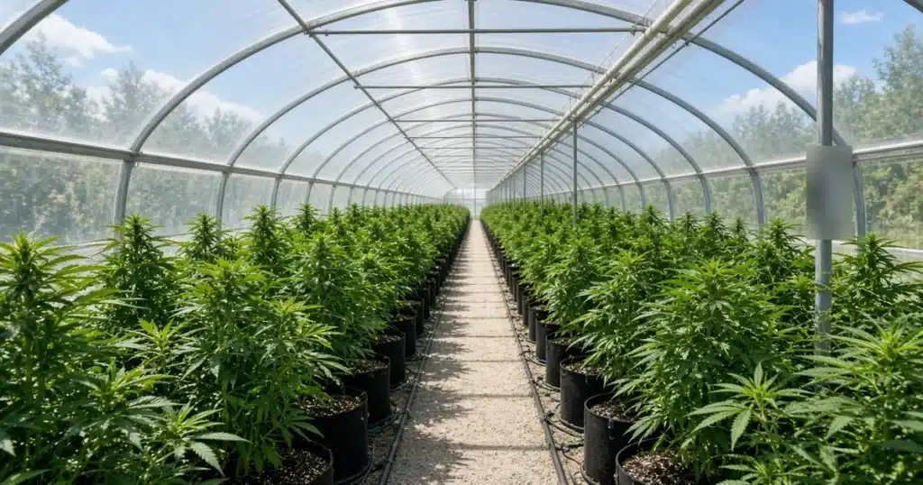 Rows of cannabis plants growing inside a greenhouse