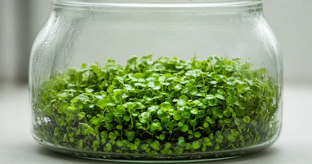 Mat of tiny round leaves growing in a glass jar