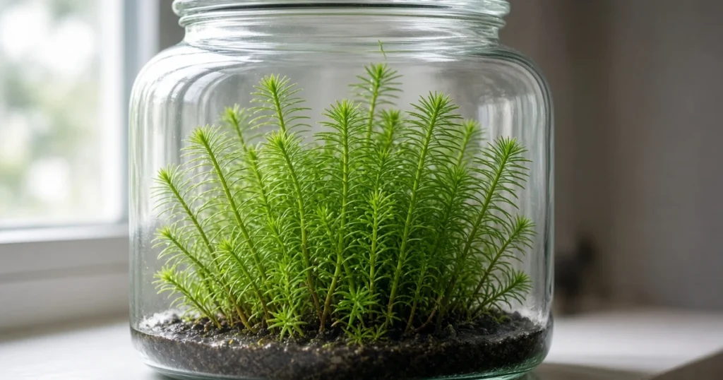 Pogostemon stems growing upright in a glass jar