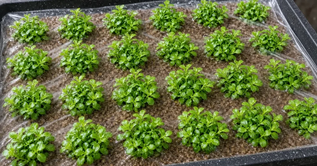 Low green staurogyne stems in a shallow covered tray