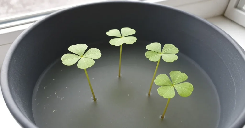 Four lobed water clover leaves above a shallow tub