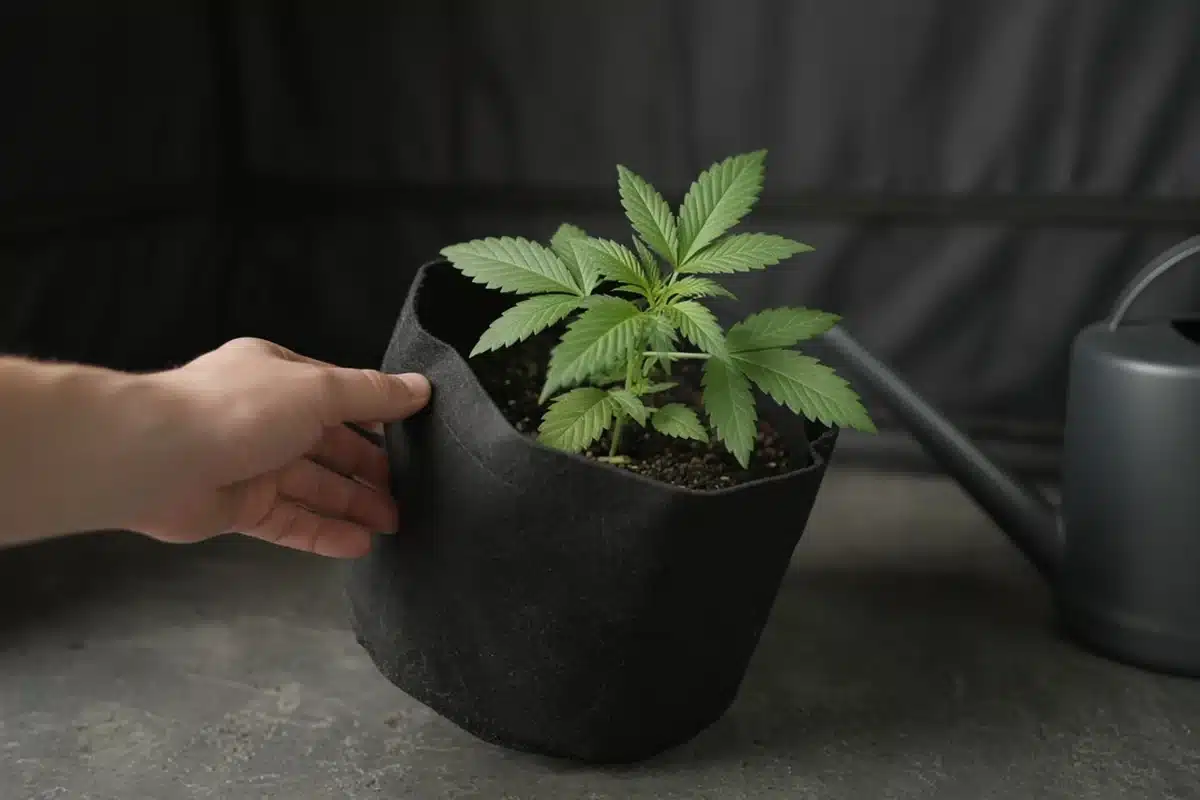 Photo-style illustration of one hand gripping the rim of a fabric pot holding a young cannabis plant before watering