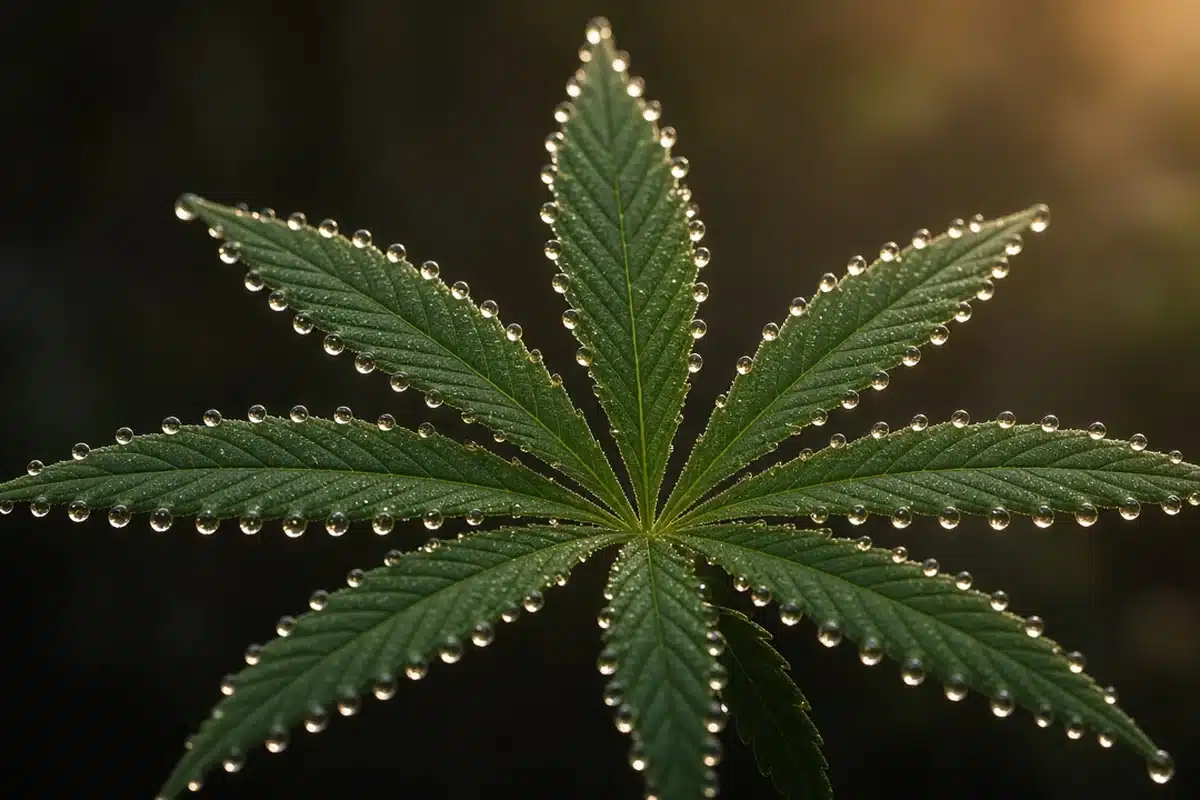 Photo-style illustration of clear water drops at the serration tips along the edges of a cannabis fan leaf in soft light