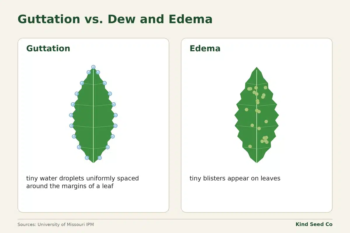 Diagram comparing guttation drops spaced evenly along a leaf edge with edema, tiny blisters on the leaf