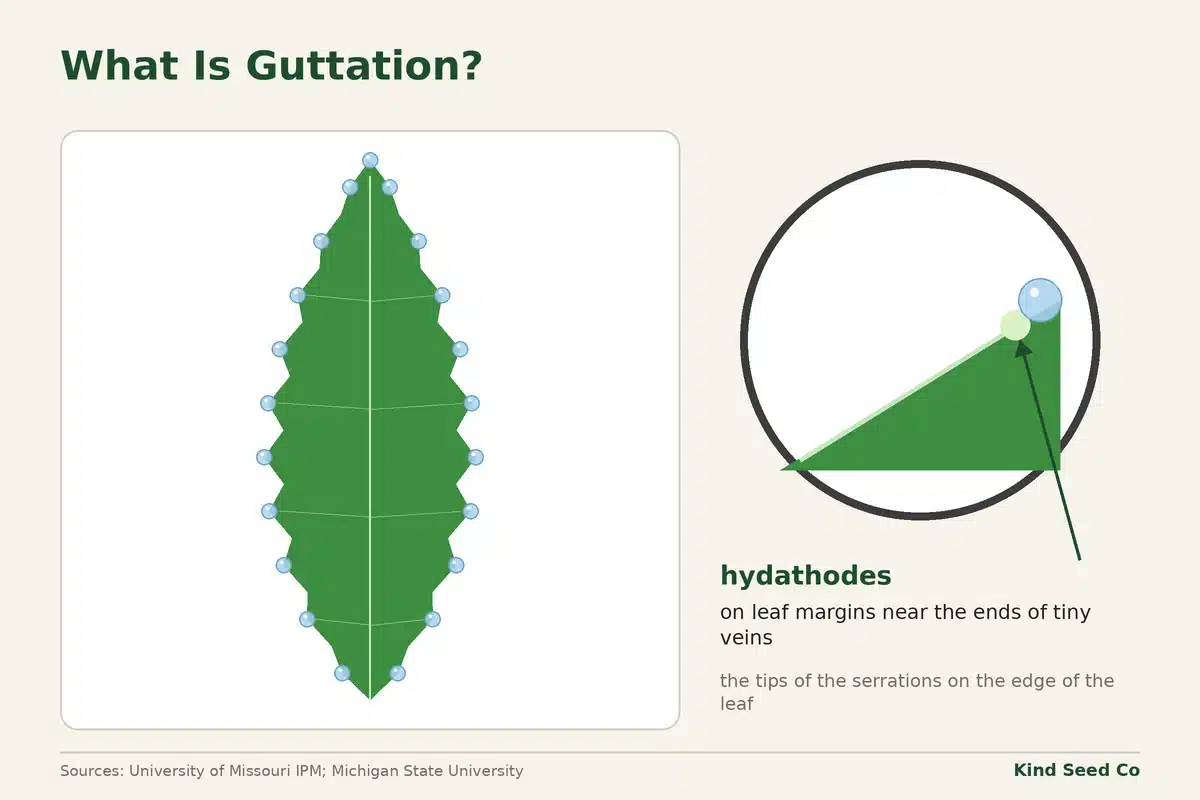 Diagram of a cannabis leaflet with water drops at its serration tips, released by hydathodes near the ends of tiny veins
