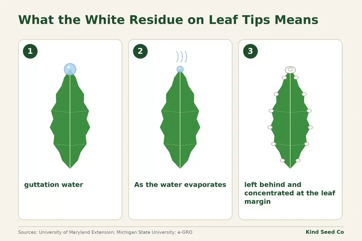 Three-stage diagram of a leaf tip: a water drop forms, the water evaporates, and white residue is left on the leaf margin