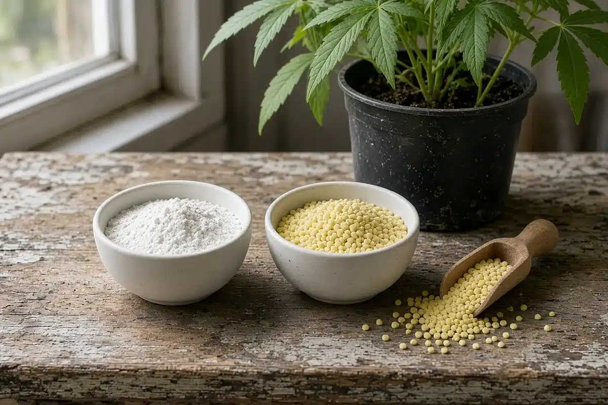 Gypsum and elemental sulphur in small bowls beside a plant