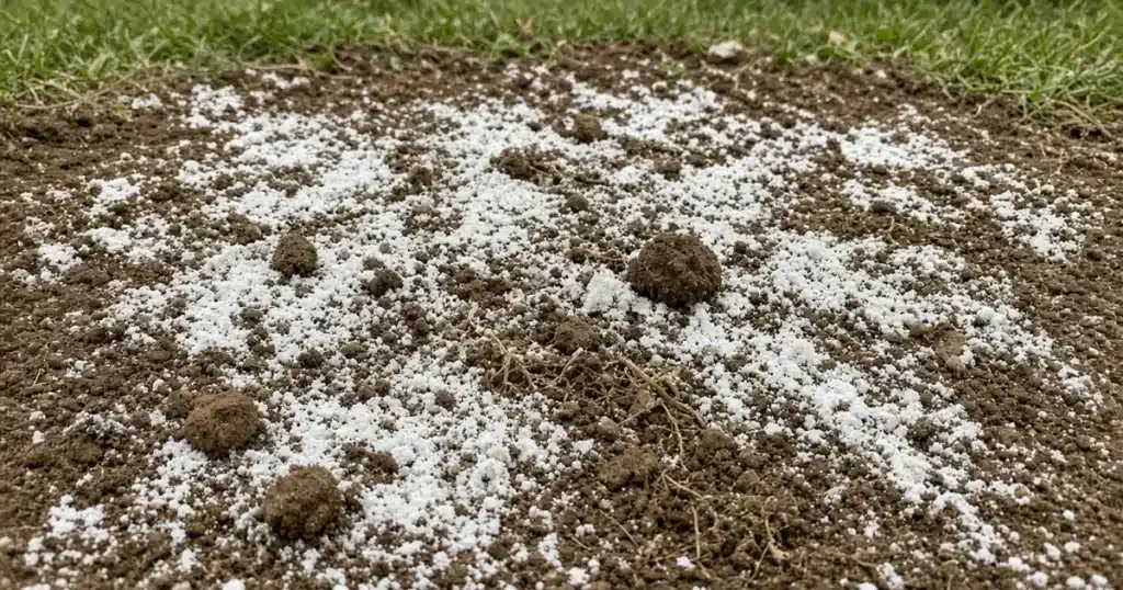 White gypsum powder spread over bare garden soil before planting