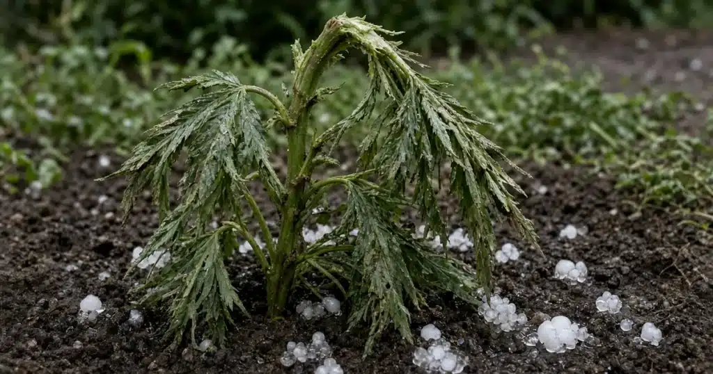 Outdoor cannabis plant with torn leaves and a broken top after a hailstorm