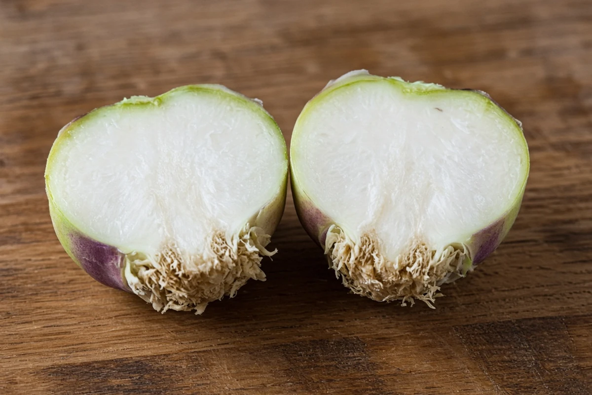 Halved kohlrabi bulb with white flesh on a wooden board