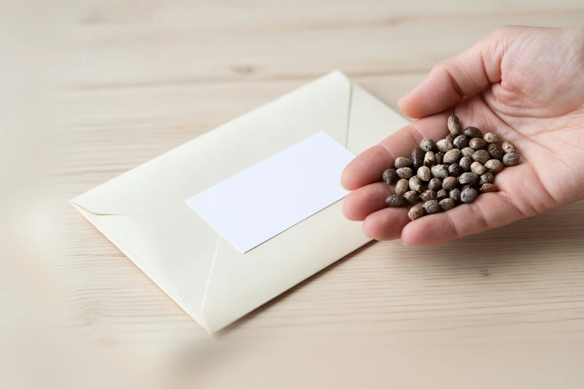 Hand holding cannabis seeds over a seed envelope