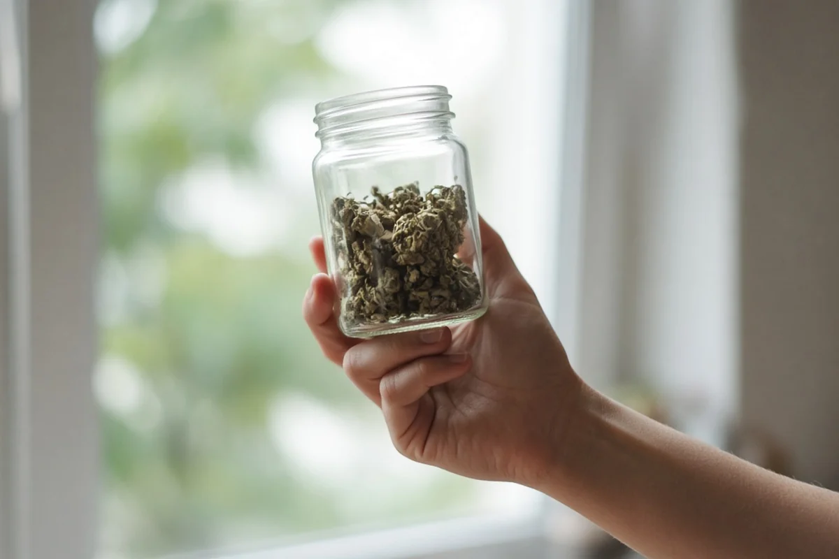 Hand inspecting a jar of older dried cannabis buds
