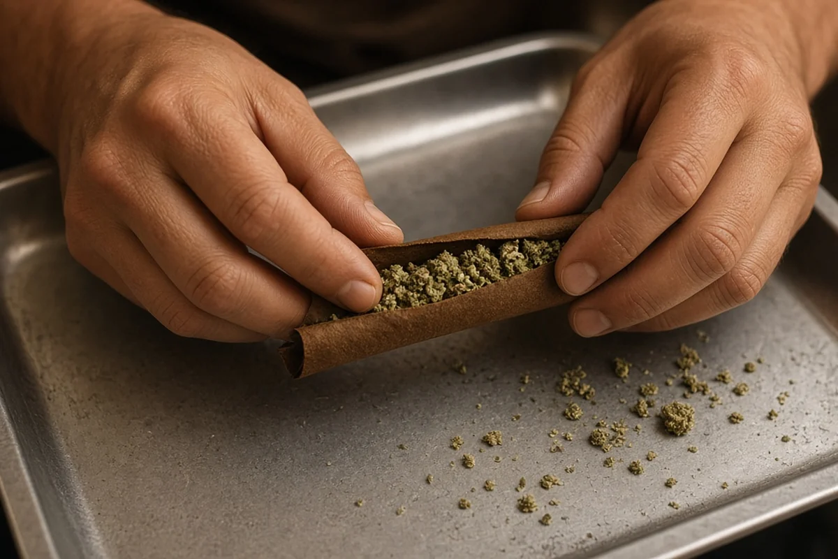 Hands rolling a filled wrap on a rolling tray
