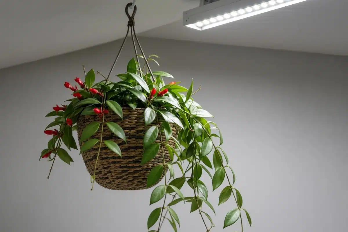 Hanging basket of aeschynanthus near a grow light