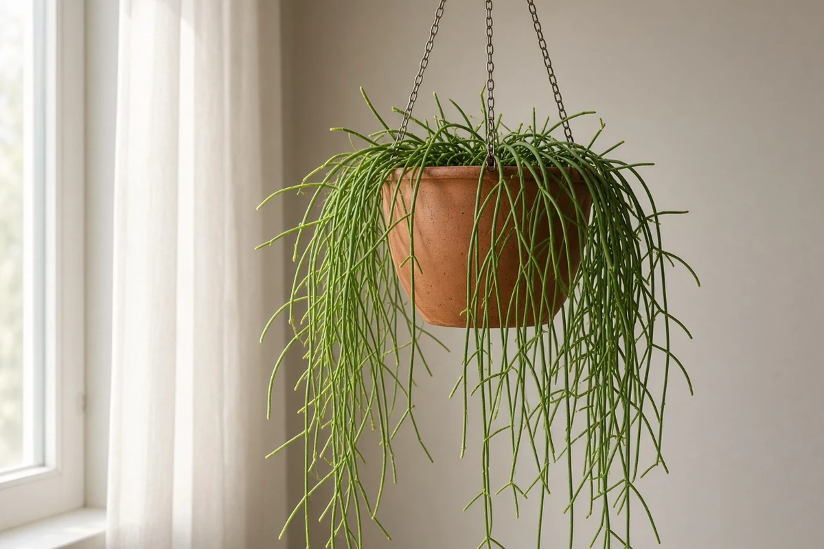 Hanging clay pot of thin trailing stems by a bright window