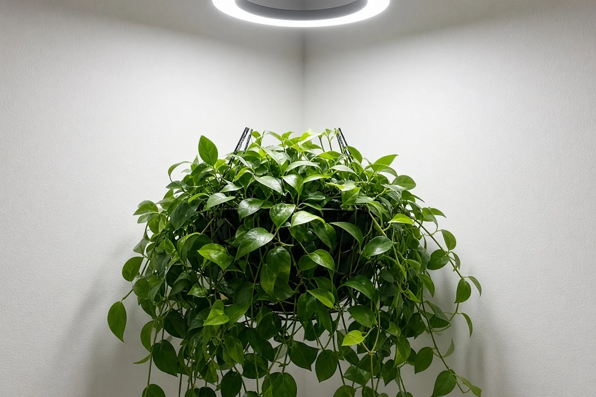 Hanging pot lit by an LED grow light