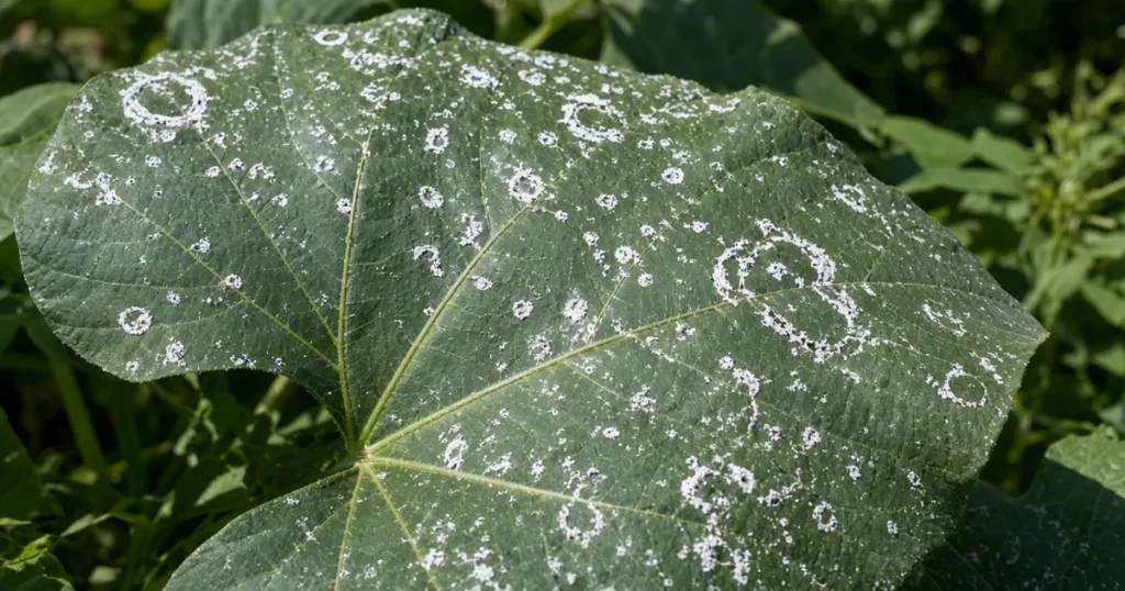 White mineral spots on a green leaf after sprinkler watering