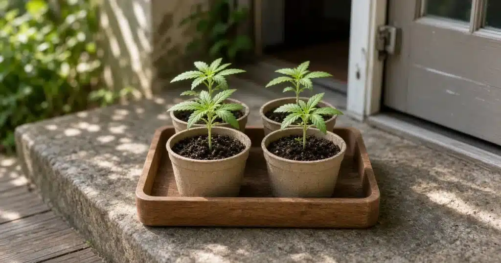 Cannabis seedlings in small pots on a wooden tray in dappled shade beside an open door