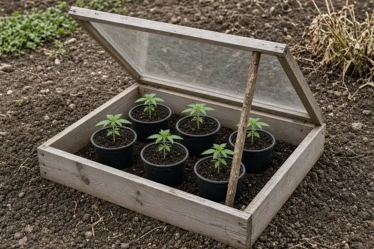 Photo-style illustration of young cannabis seedlings in pots inside a wooden cold frame with its clear lid propped open