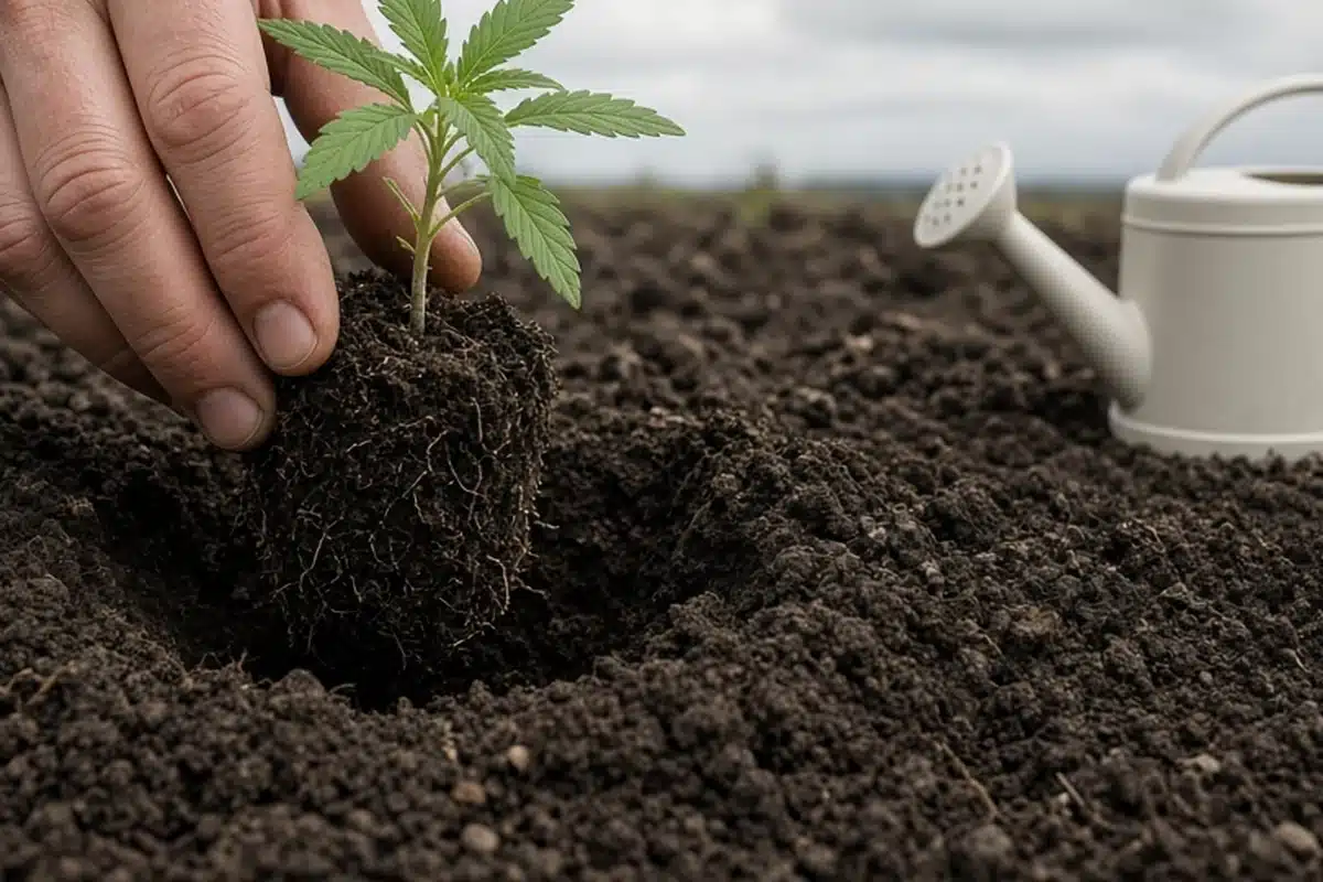 Photo-style illustration of one hand setting a hardened cannabis seedling into a garden bed on an overcast day